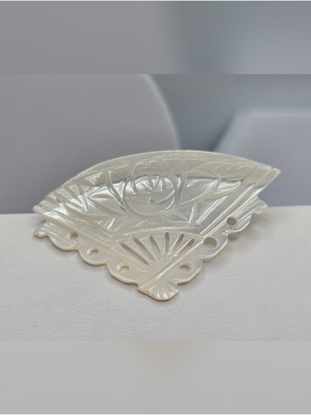 Vintage Mother of Pearl Fan Brooch Hand Carved Shell Pin 2” Handmade